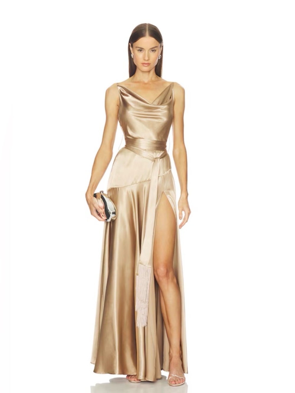 NEW Bronx Banco Leo Maxi Caramel Dress, Satin Cowl Neck High Slit Evening Gown